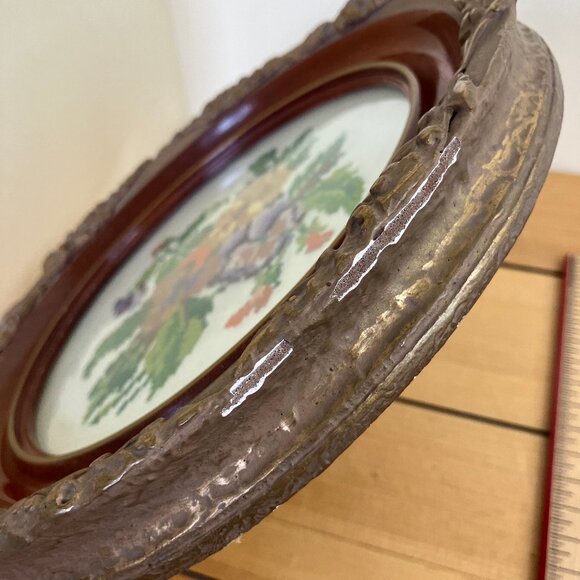 Pansy & Poppy Cross Stitch Embroidery Round Gesso Picture Frame Vintage Set of 2 - Picture 9 of 11